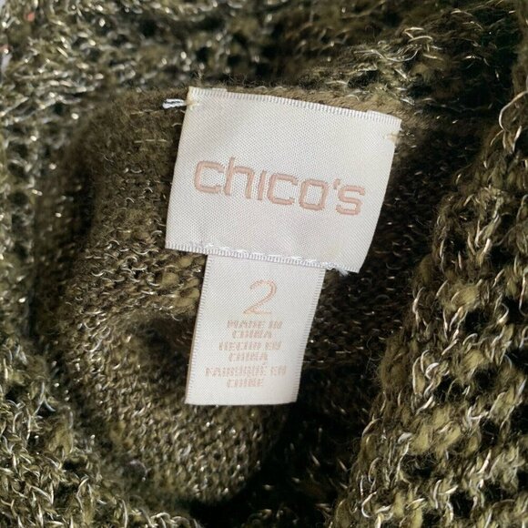 Chico's Cowl Neck 3/4 Sleeve Pullover Sweater Forest Green Gold Metallic 2/M - Picture 8 of 11
